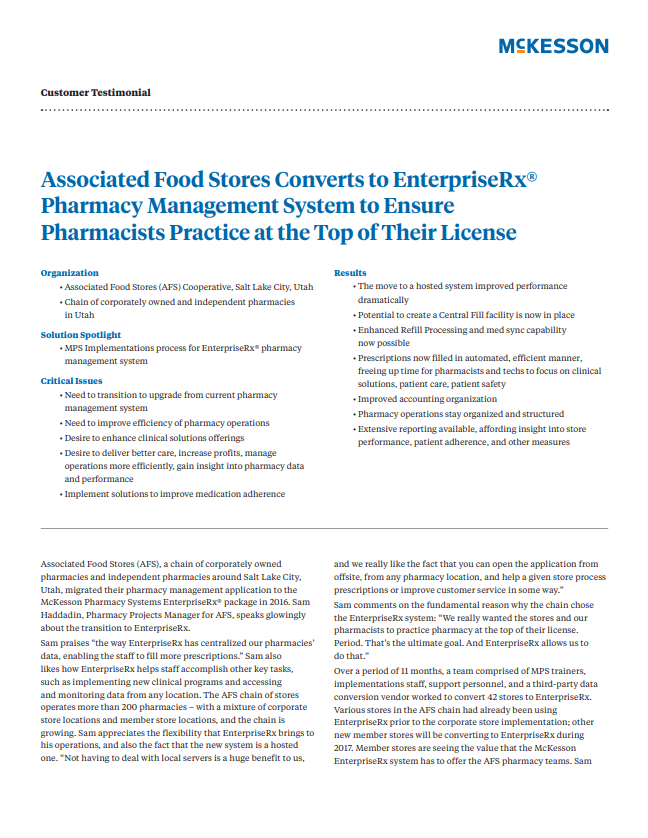 Associated Food Stores Converts to EnterpriseRx� Pharmacy Management System