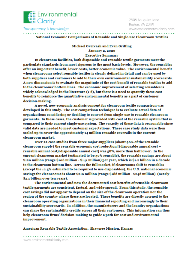 National Economic Comparisons of Reusable and Single-use Cleanroom Textiles