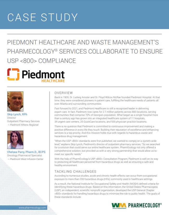 Piedmonth Healthcae and Waste Management's Pharmecology Services Collaborate